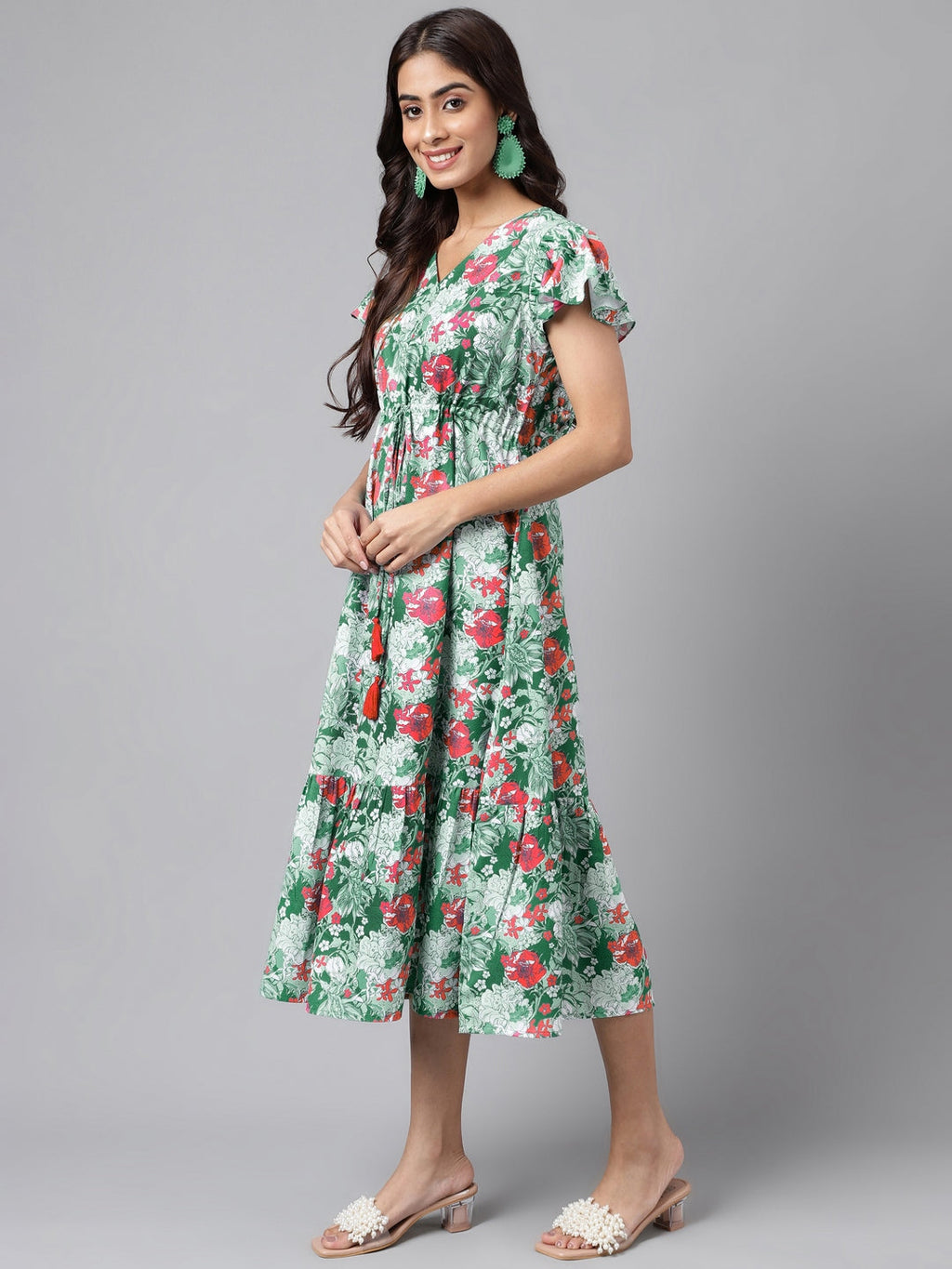 Janasya Green Moss Digital Floral Printed A-line Casual Dress - Distacart