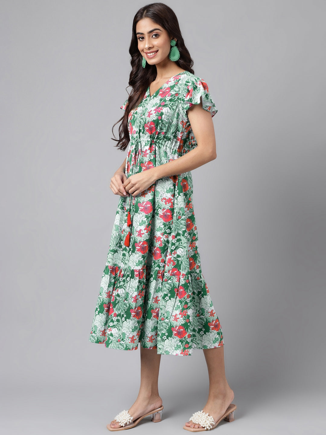 Janasya Green Moss Digital Floral Printed A-line Casual Dress - Distacart
