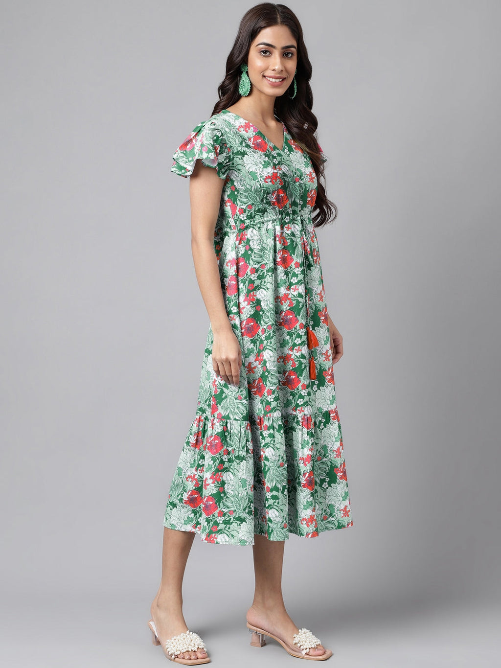 Janasya Green Moss Digital Floral Printed A-line Casual Dress - Distacart