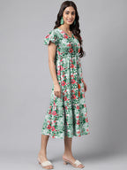 Janasya Green Moss Digital Floral Printed A-line Casual Dress - Distacart