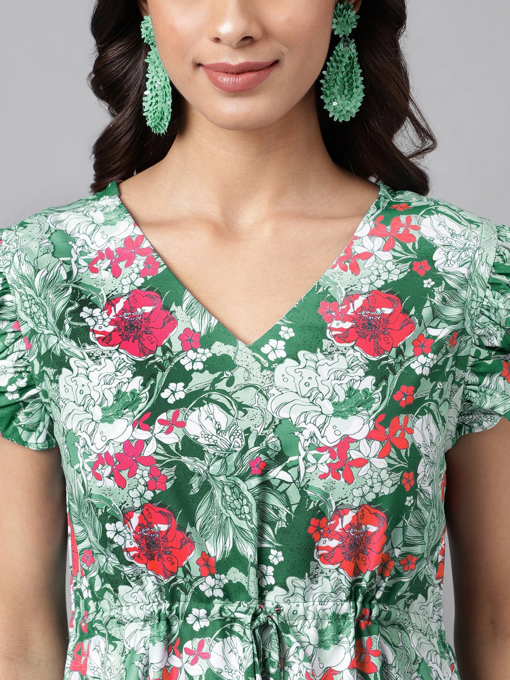 Janasya Green Moss Digital Floral Printed A-line Casual Dress - Distacart