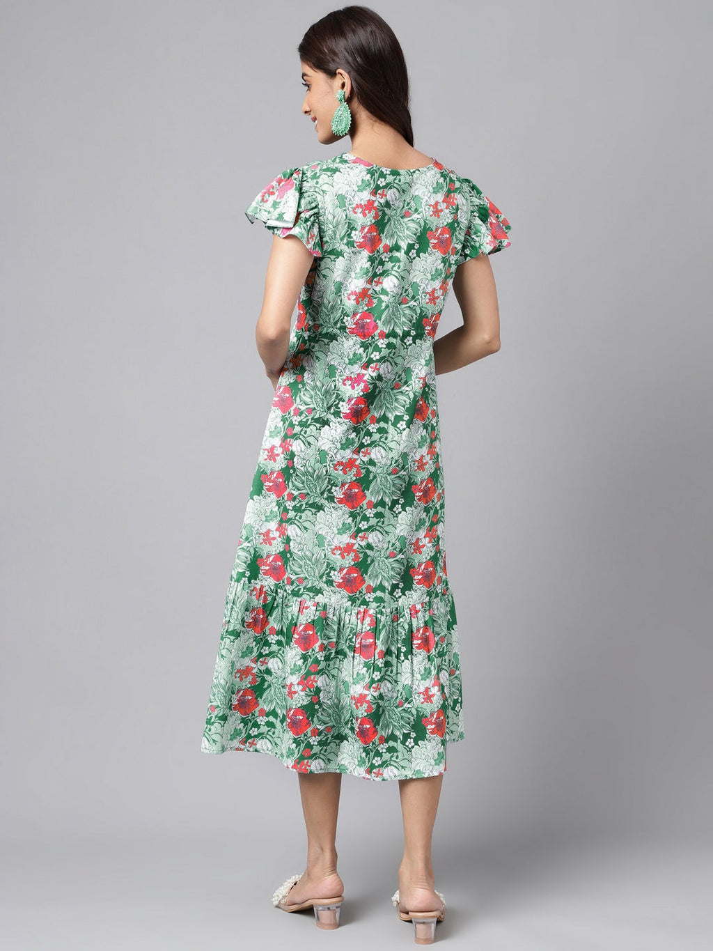 Janasya Green Moss Digital Floral Printed A-line Casual Dress - Distacart