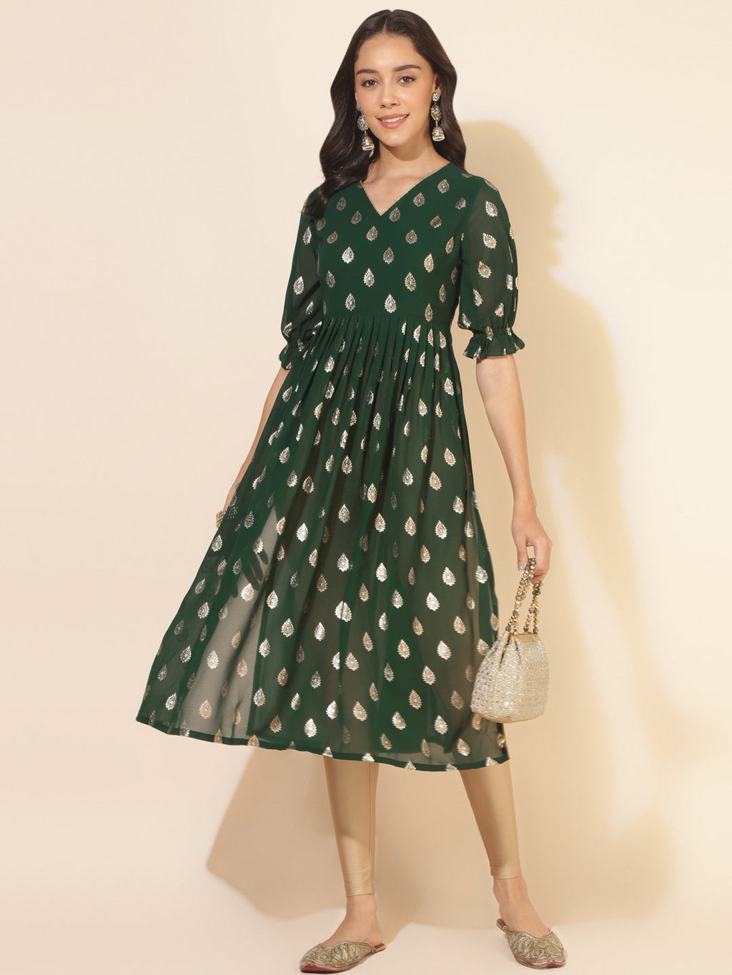 Janasya Bottle Green Georgette Foil Printed Festive Kurta