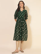 Janasya Bottle Green Georgette Foil Printed Festive Kurta