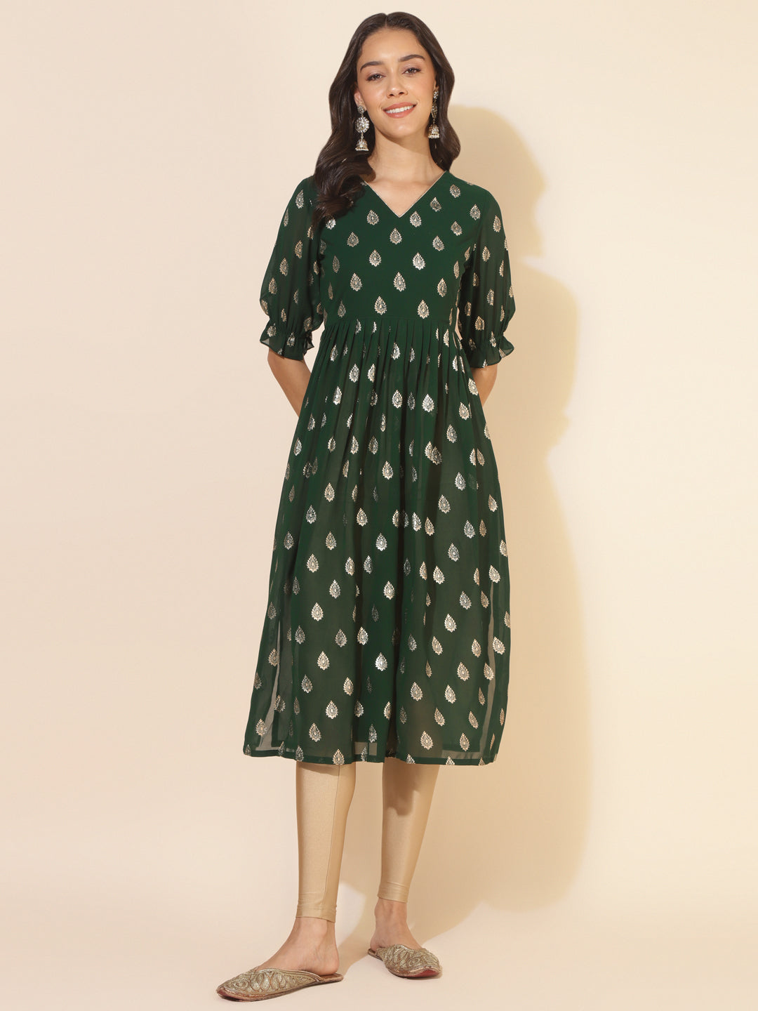 Janasya Bottle Green Georgette Foil Printed Festive Kurta