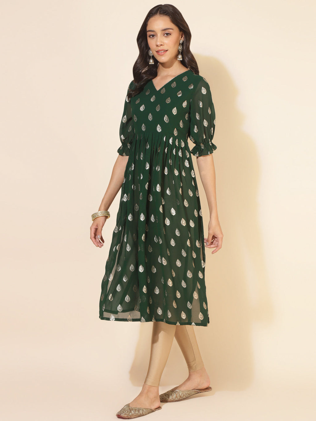 Janasya Bottle Green Georgette Foil Printed Festive Kurta