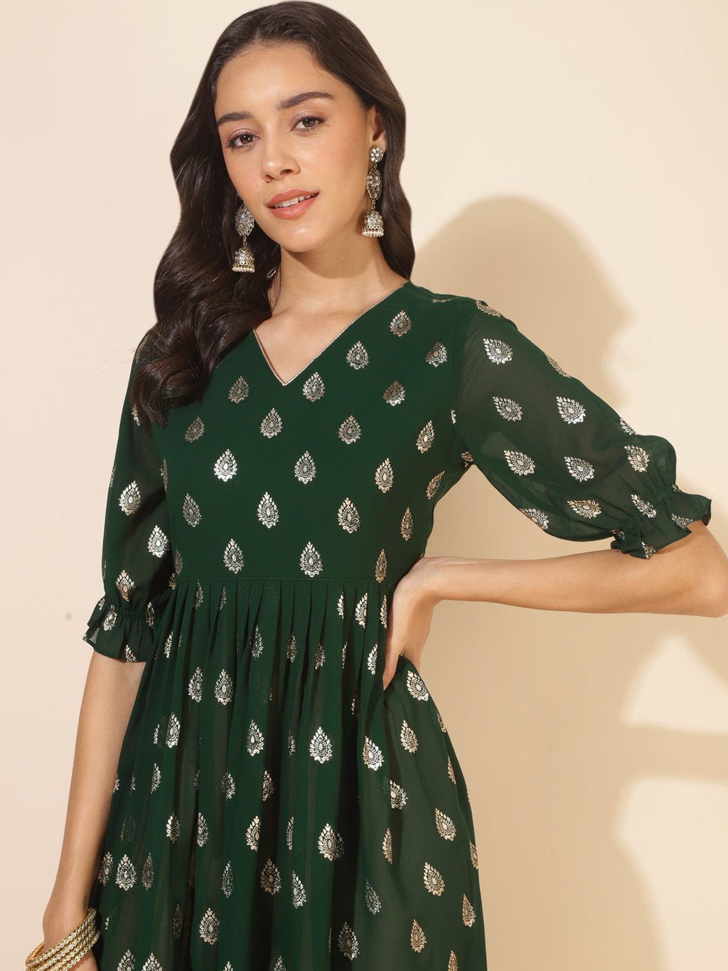 Janasya Bottle Green Georgette Foil Printed Festive Kurta