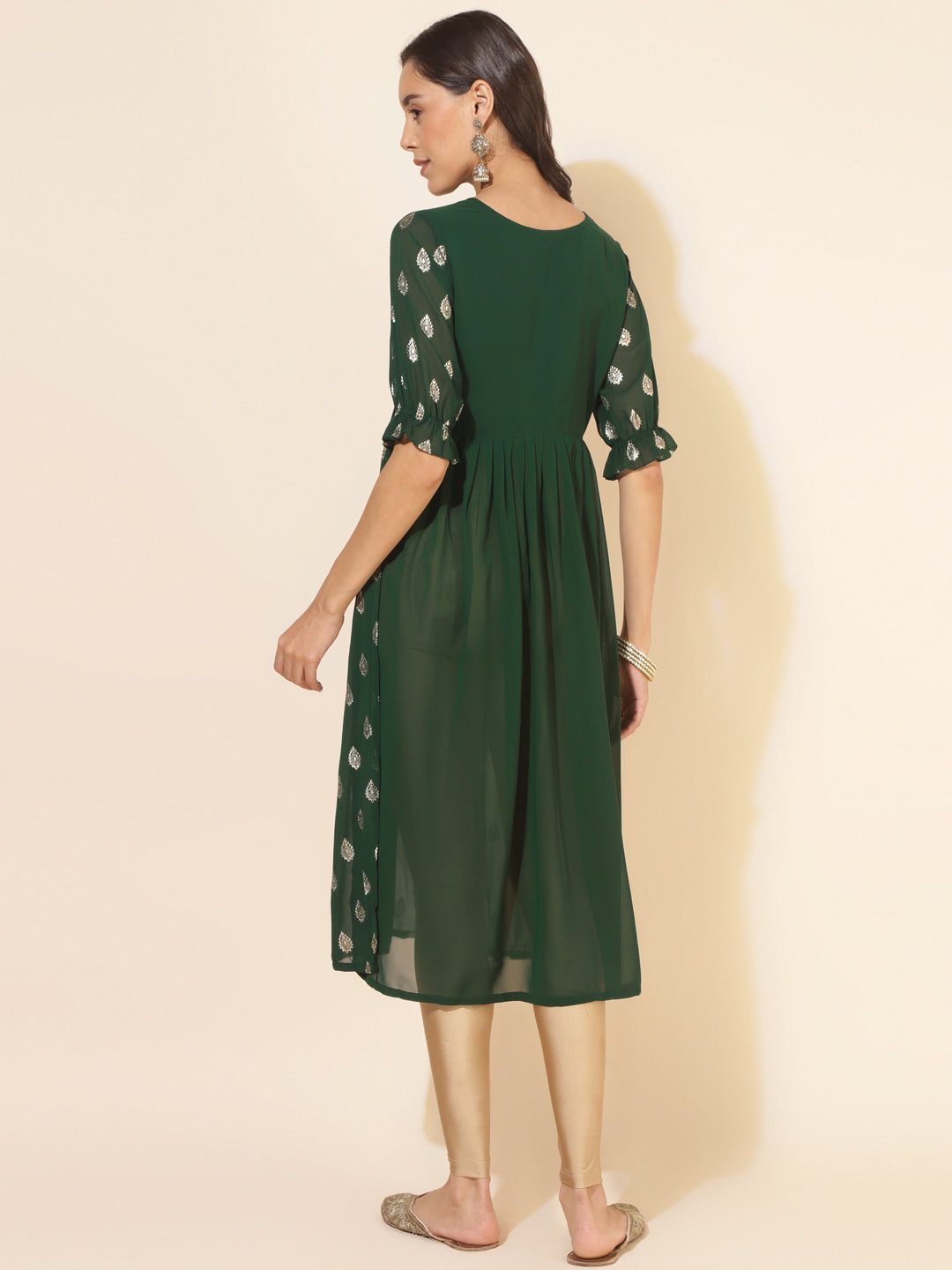 Janasya Bottle Green Georgette Foil Printed Festive Kurta