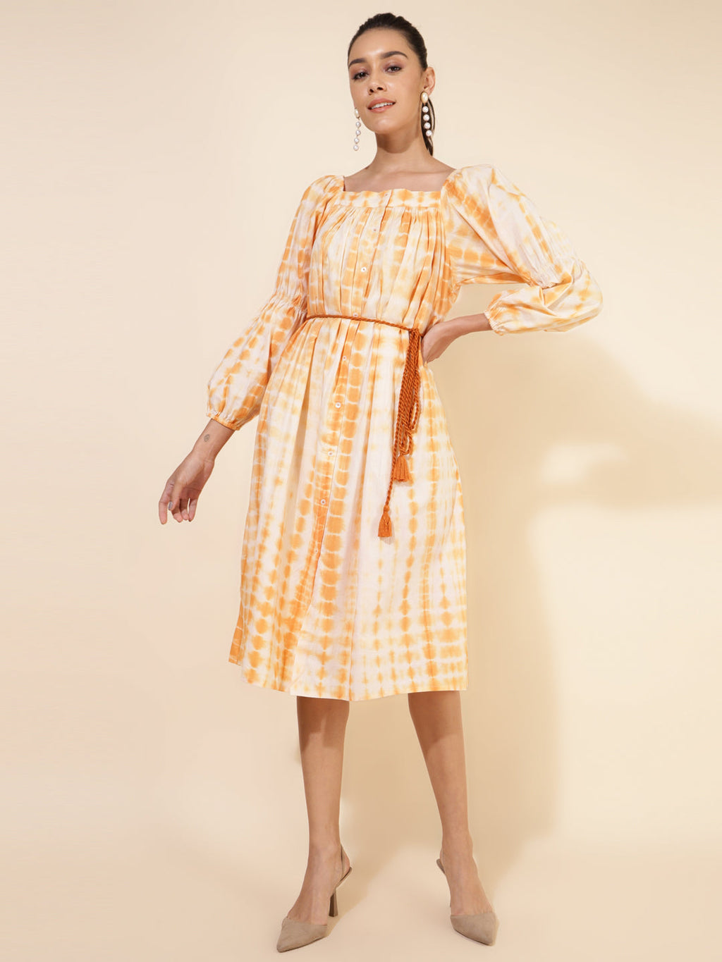Janasya Women's Off White Cotton Tie Dye Casual Dress - Distacart