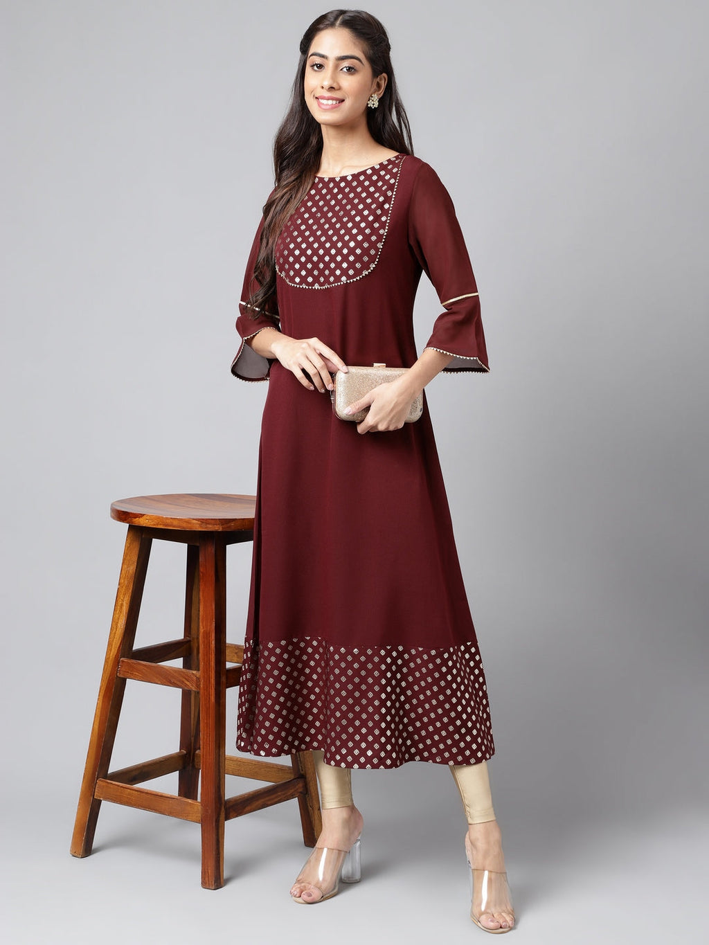 Janasya Women's Wine Crepe Foil Printed Festive A-Line Kurta