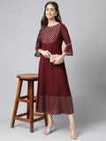 Janasya Women's Wine Crepe Foil Printed Festive A-Line Kurta