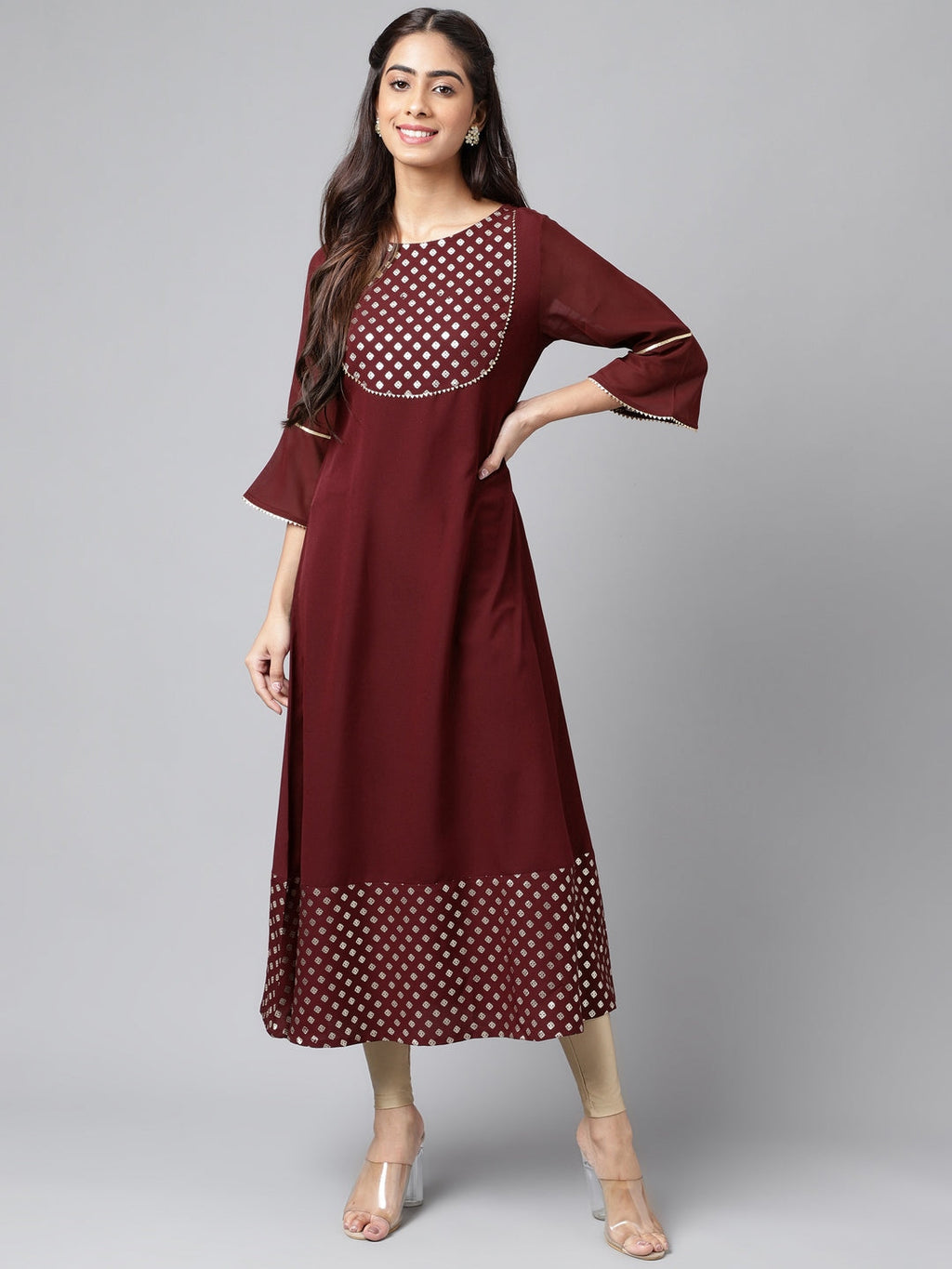 Janasya Women's Wine Crepe Foil Printed Festive A-Line Kurta