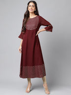 Janasya Women's Wine Crepe Foil Printed Festive A-Line Kurta