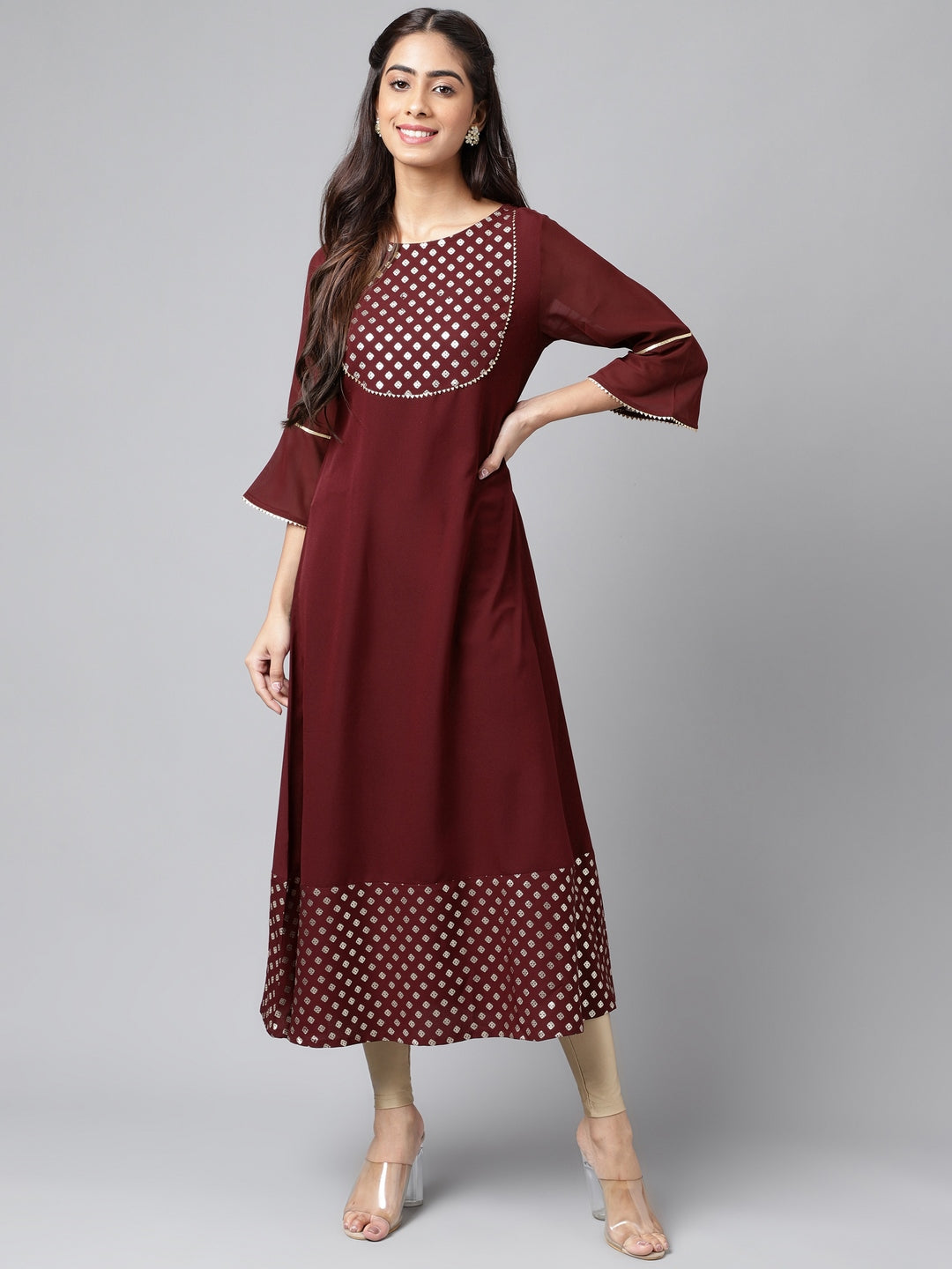 Janasya Women's Wine Crepe Foil Printed Festive A-Line Kurta
