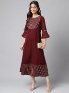 Janasya Women's Wine Crepe Foil Printed Festive A-Line Kurta