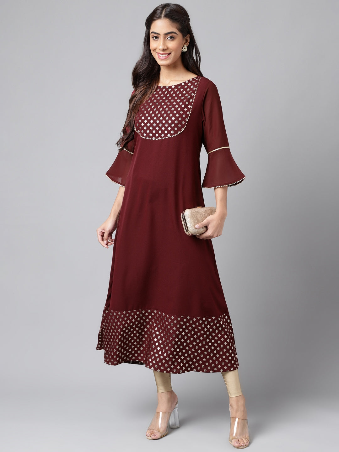 Janasya Women's Wine Crepe Foil Printed Festive A-Line Kurta