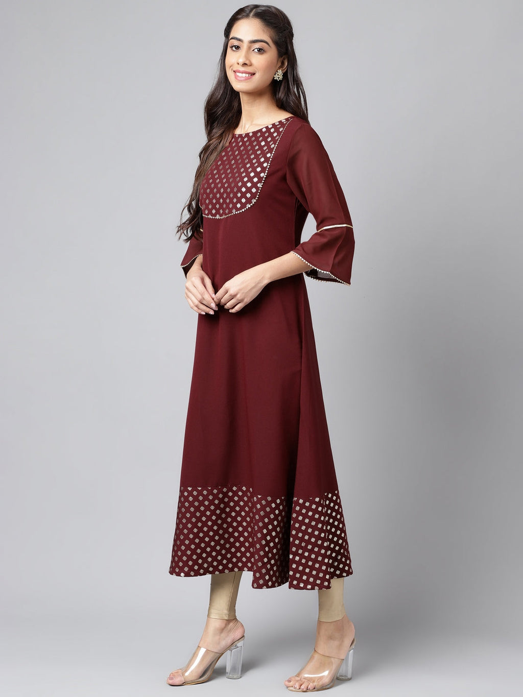 Janasya Women's Wine Crepe Foil Printed Festive A-Line Kurta