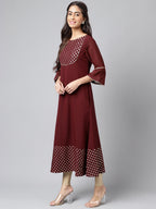 Janasya Women's Wine Crepe Foil Printed Festive A-Line Kurta