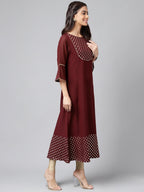 Janasya Women's Wine Crepe Foil Printed Festive A-Line Kurta