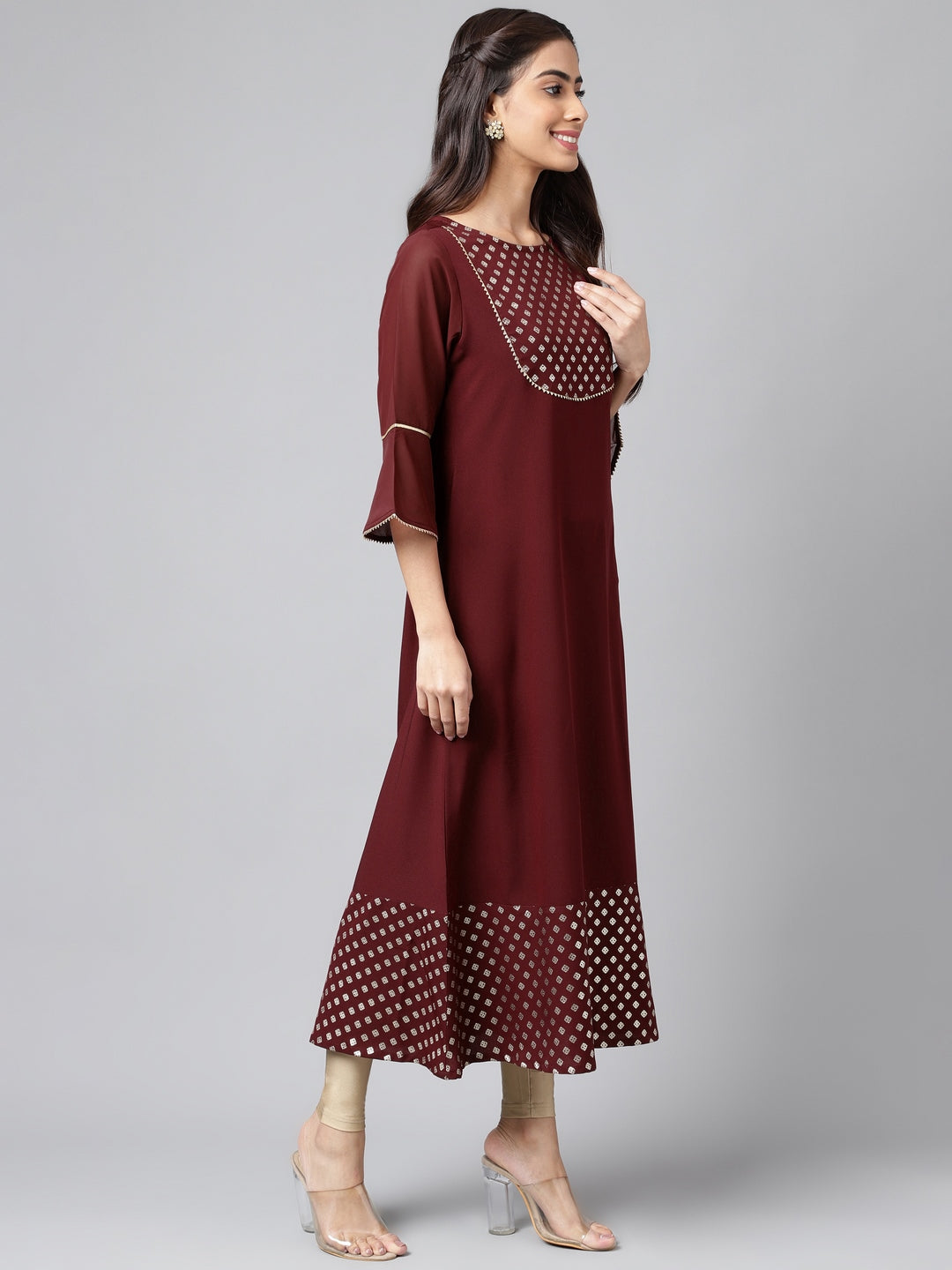 Janasya Women's Wine Crepe Foil Printed Festive A-Line Kurta