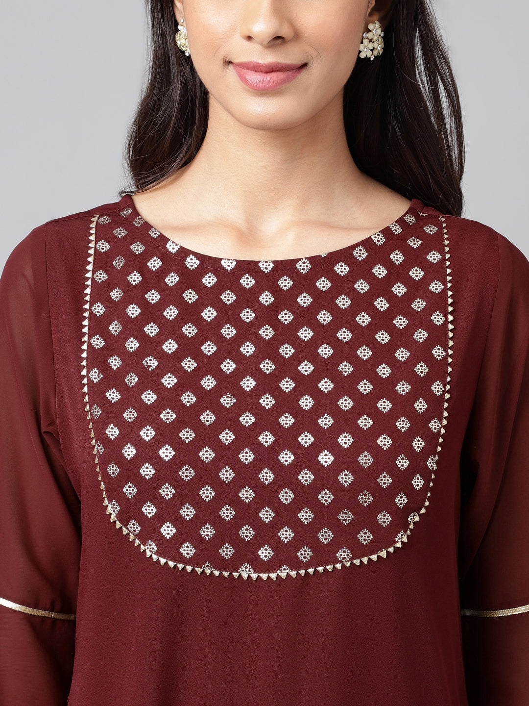 Janasya Women's Wine Crepe Foil Printed Festive A-Line Kurta