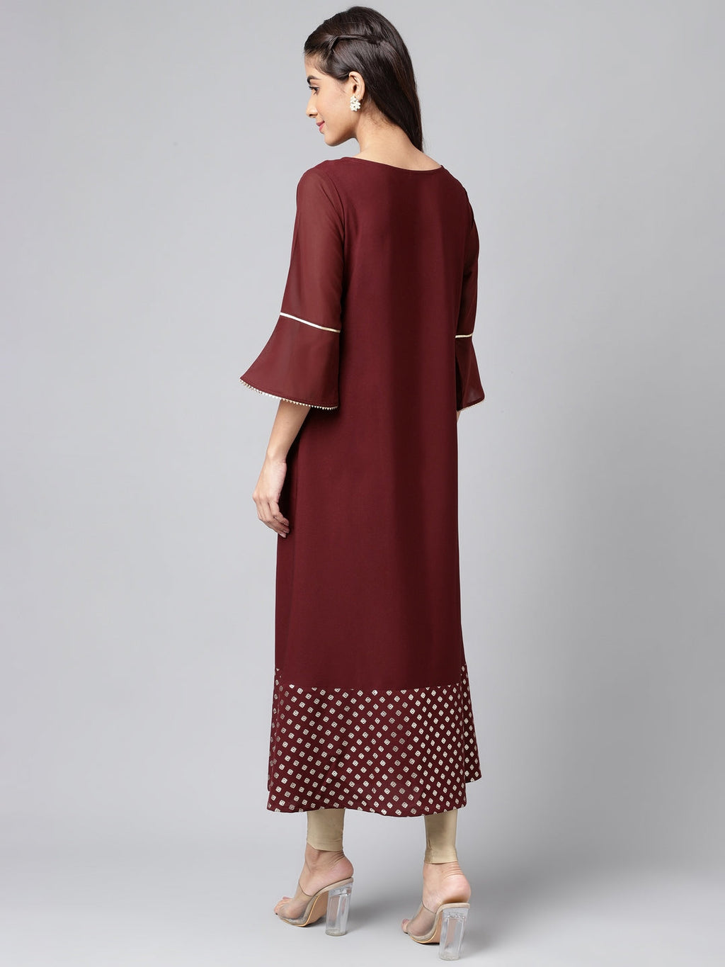 Janasya Women's Wine Crepe Foil Printed Festive A-Line Kurta