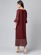 Janasya Women's Wine Crepe Foil Printed Festive A-Line Kurta