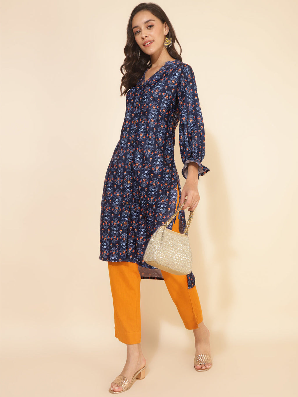 Janasya Dark Blue Moss Digital Printed Casual Kurta