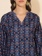Janasya Dark Blue Moss Digital Printed Casual Kurta
