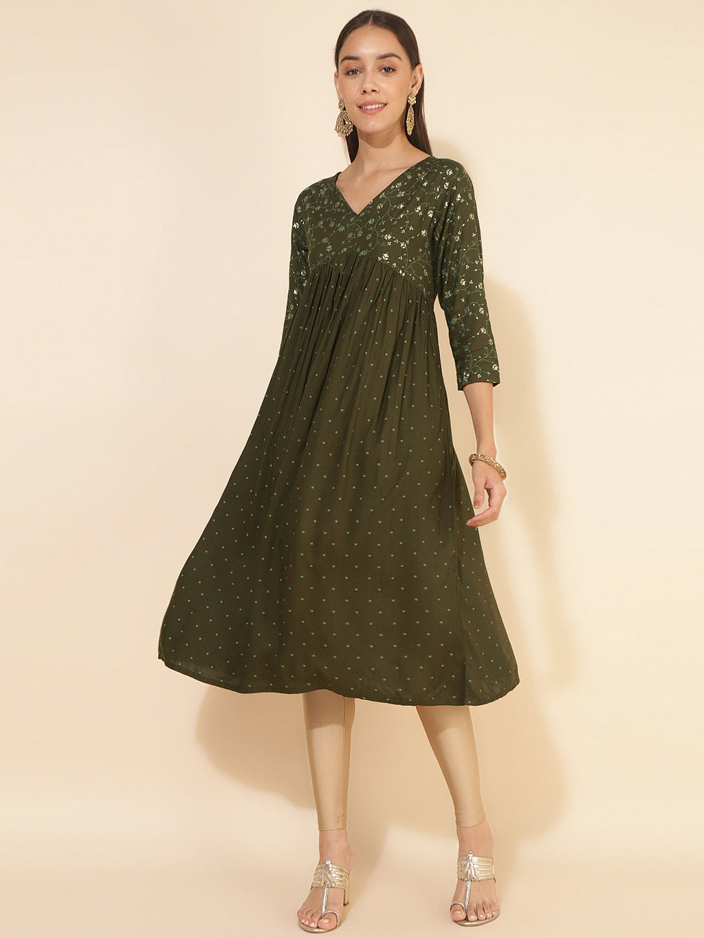 Janasya Olive Rayon Yoke Foil Printed Festive Kurta