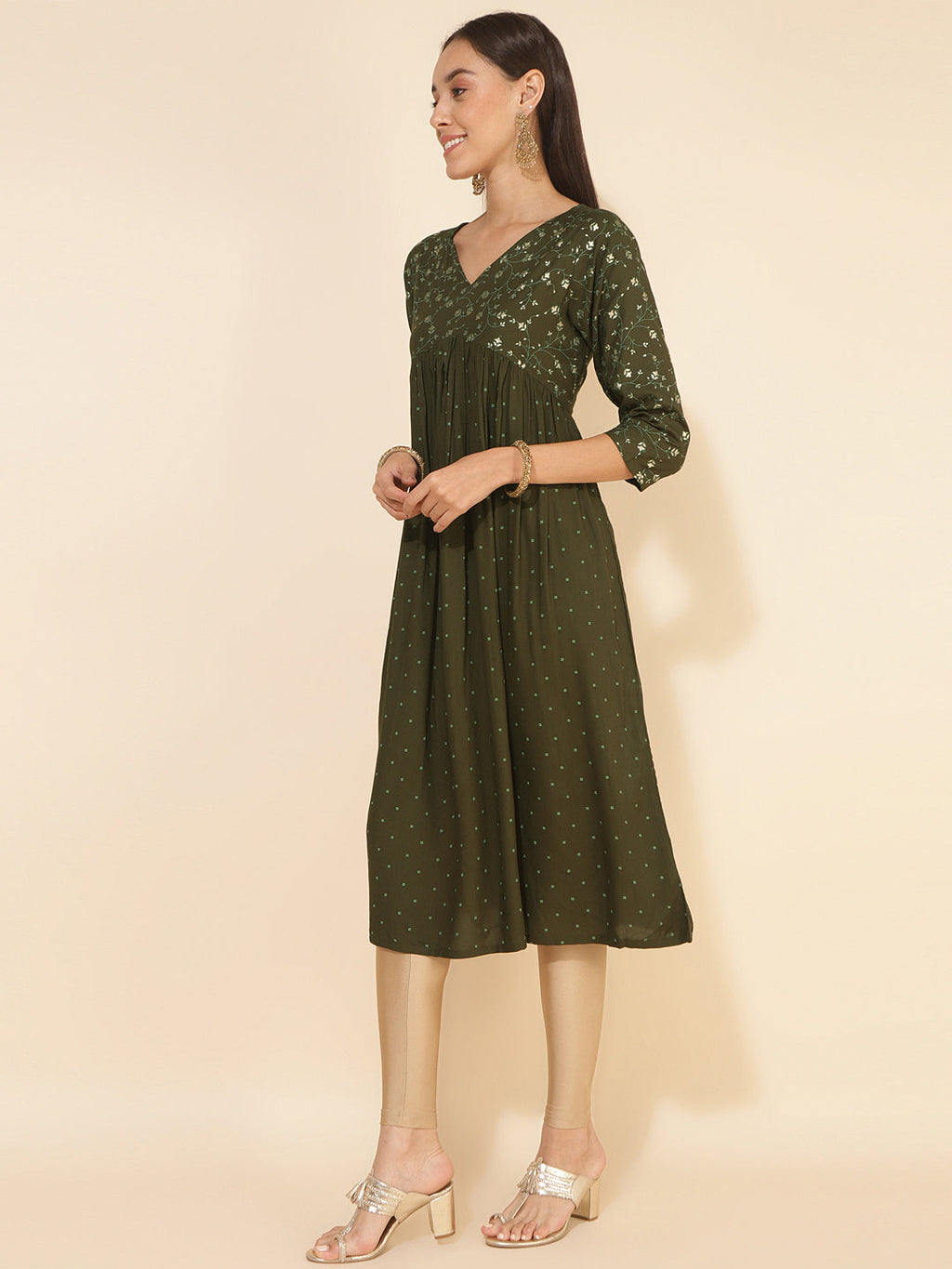 Janasya Olive Rayon Yoke Foil Printed Festive Kurta