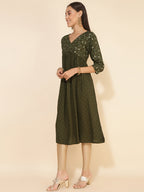 Janasya Olive Rayon Yoke Foil Printed Festive Kurta
