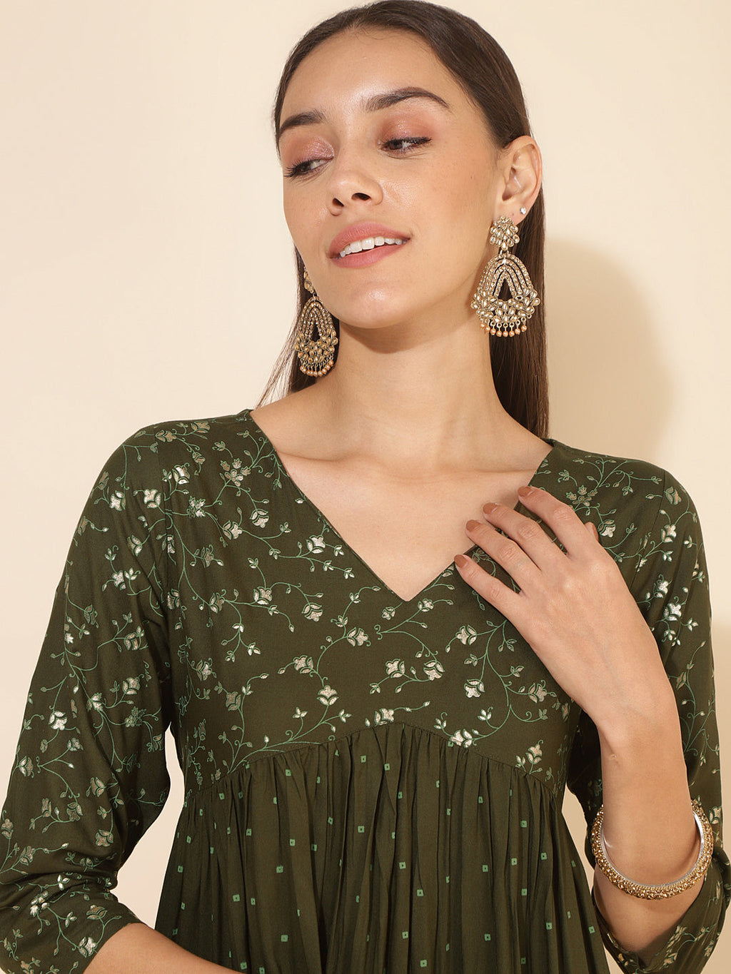 Janasya Olive Rayon Yoke Foil Printed Festive Kurta