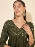 Janasya Olive Rayon Yoke Foil Printed Festive Kurta