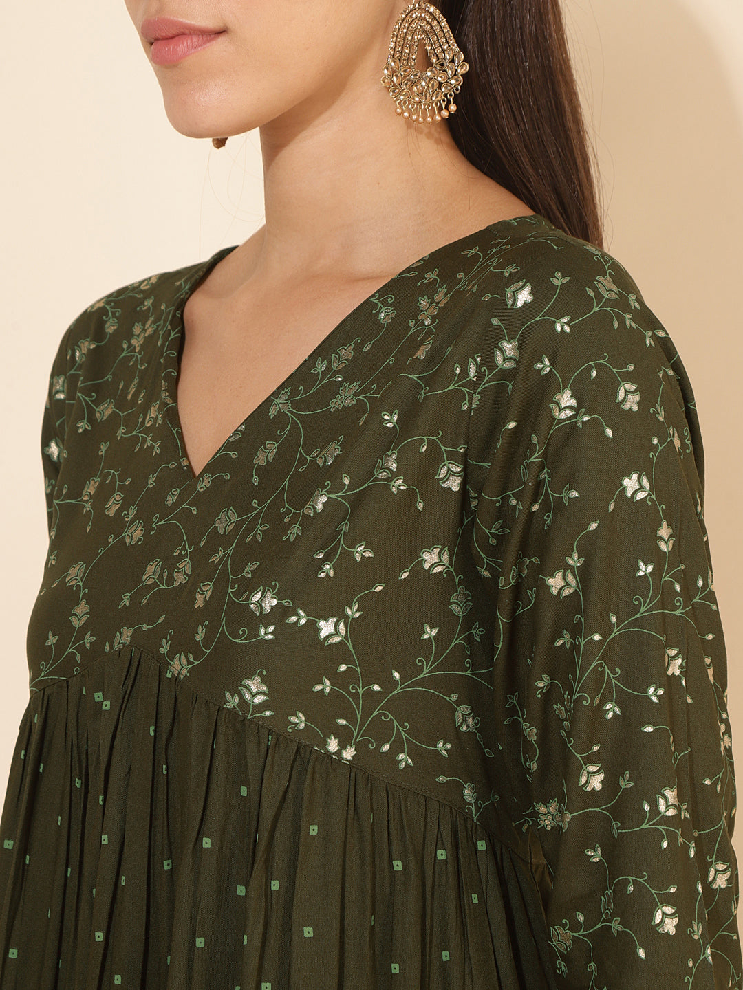 Janasya Olive Rayon Yoke Foil Printed Festive Kurta
