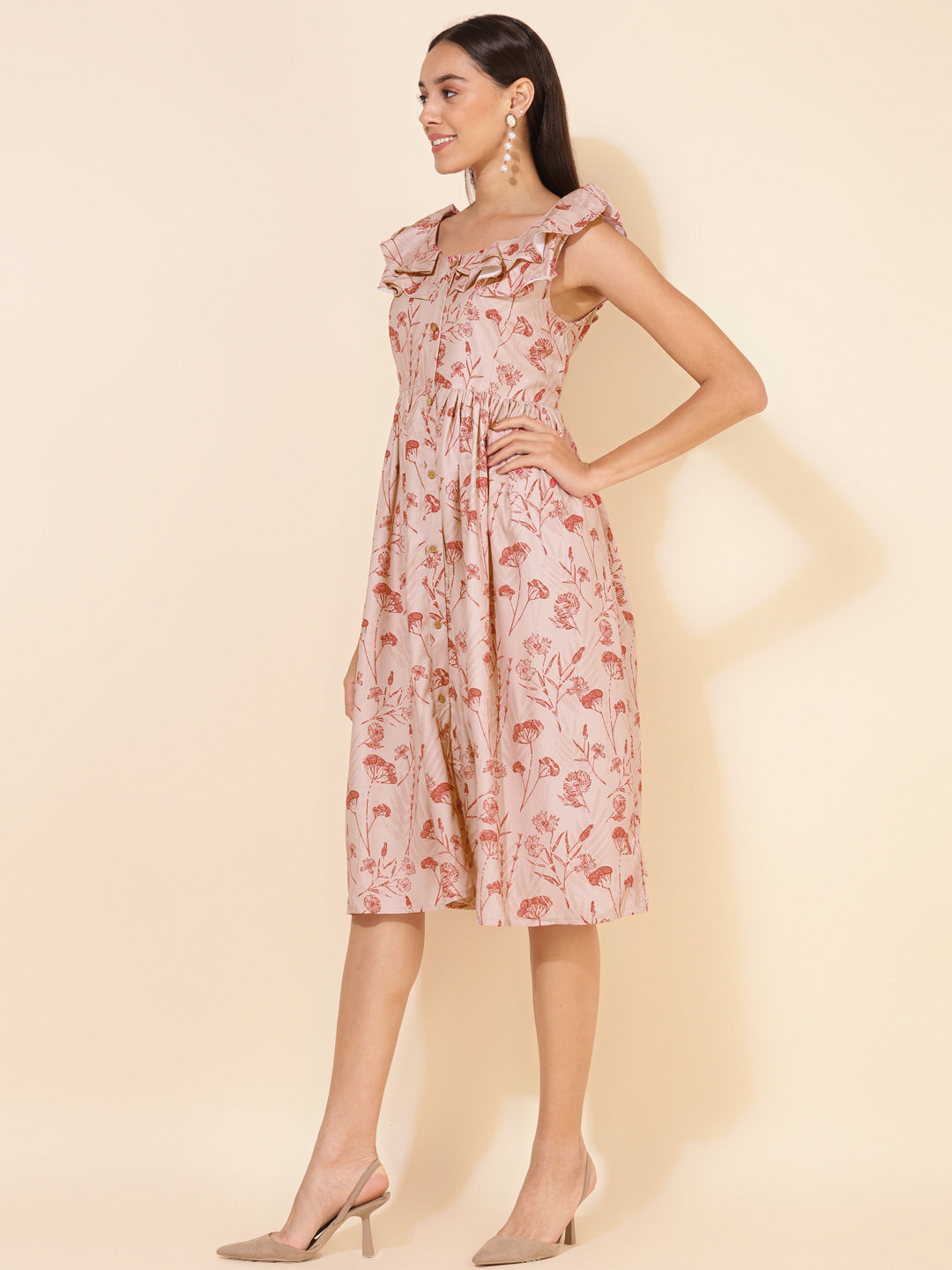 Janasya Women's Beige Moss Digital Floral Printed Casual Dress - Distacart