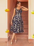 Janasya Women's Navy Blue Brocade Woven Design Casual Dress - Distacart
