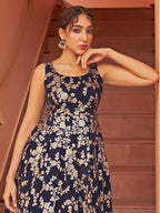 Janasya Women's Navy Blue Brocade Woven Design Casual Dress - Distacart