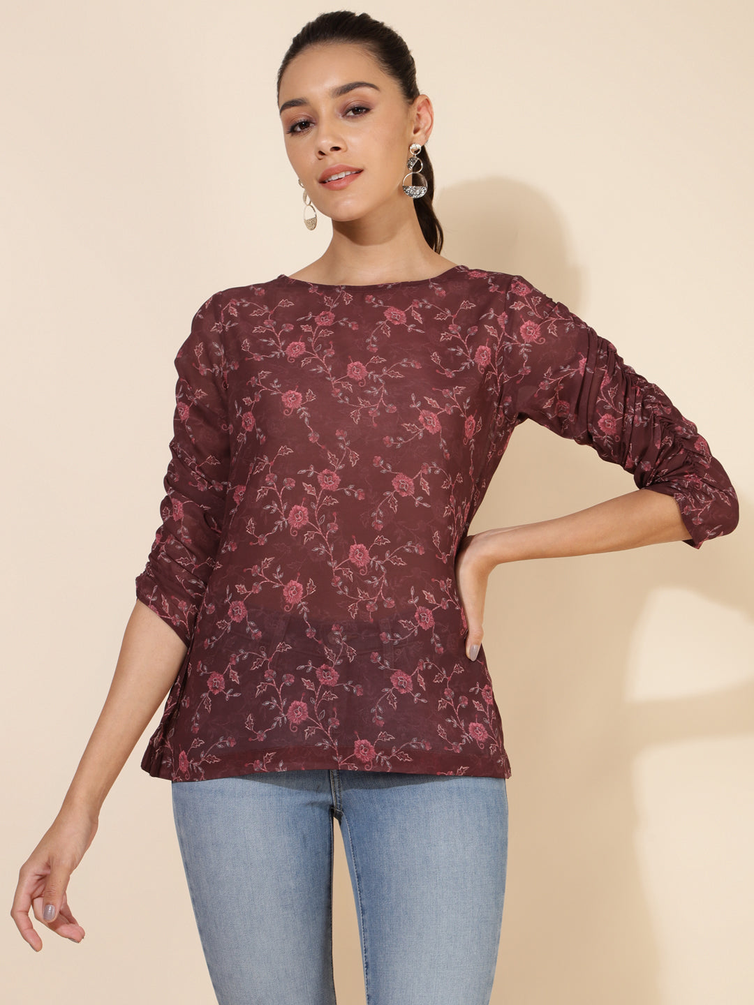 Janasya Women's Brown Georgette Floral Printed Casual Top