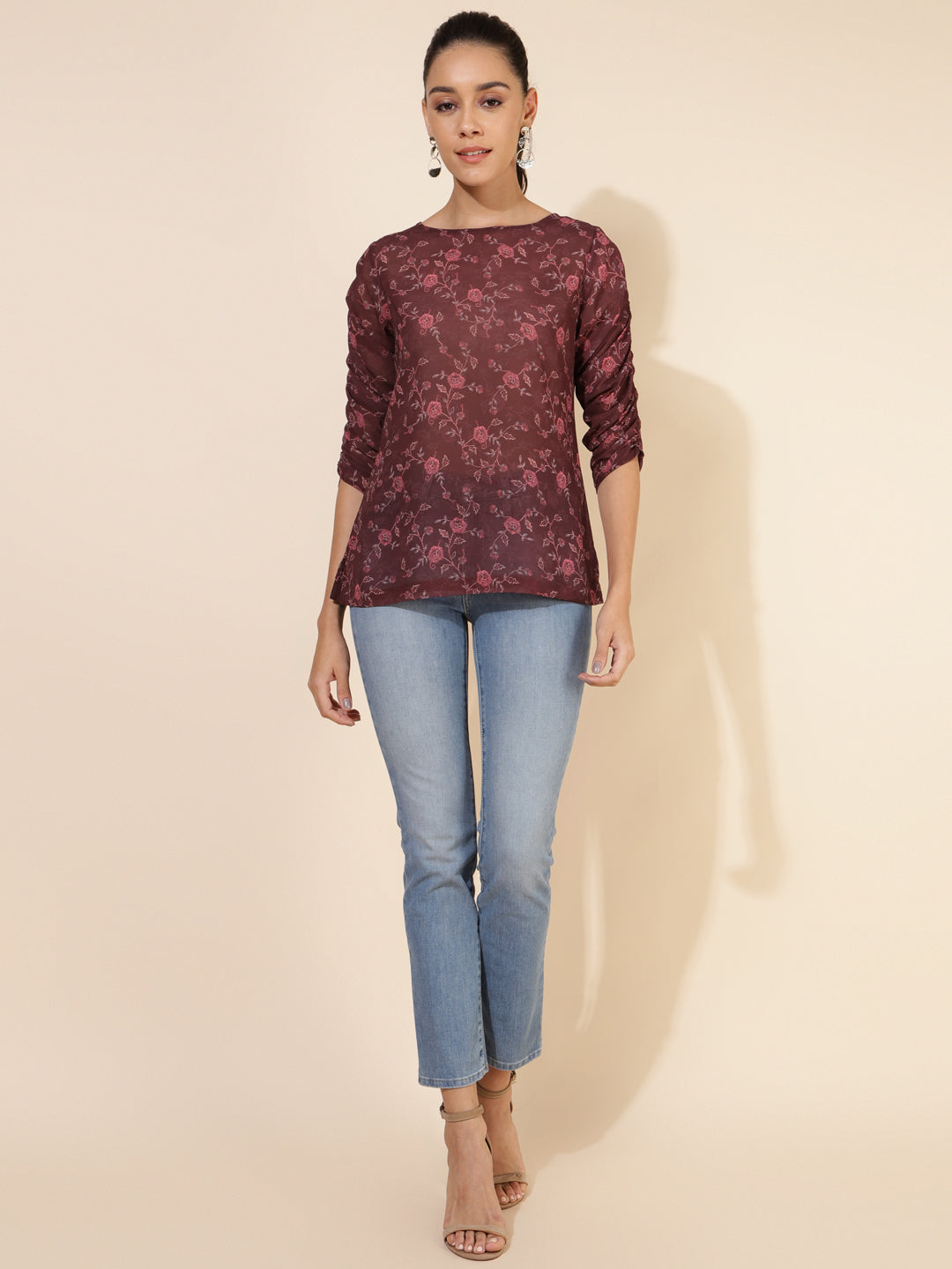 Janasya Women's Brown Georgette Floral Printed Casual Top