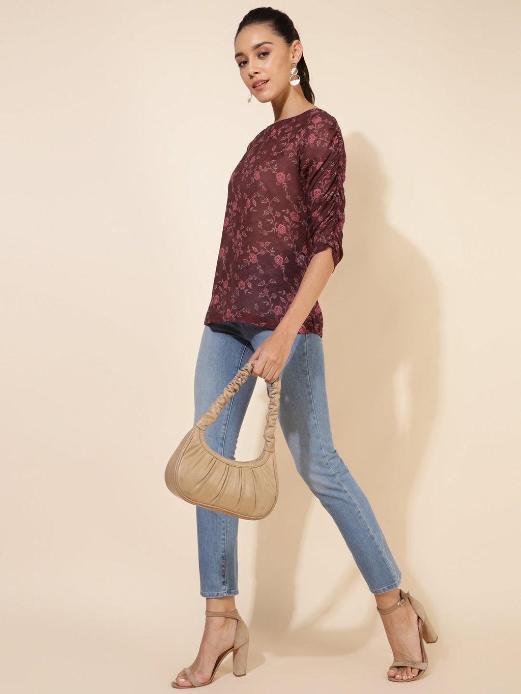 Janasya Women's Brown Georgette Floral Printed Casual Top