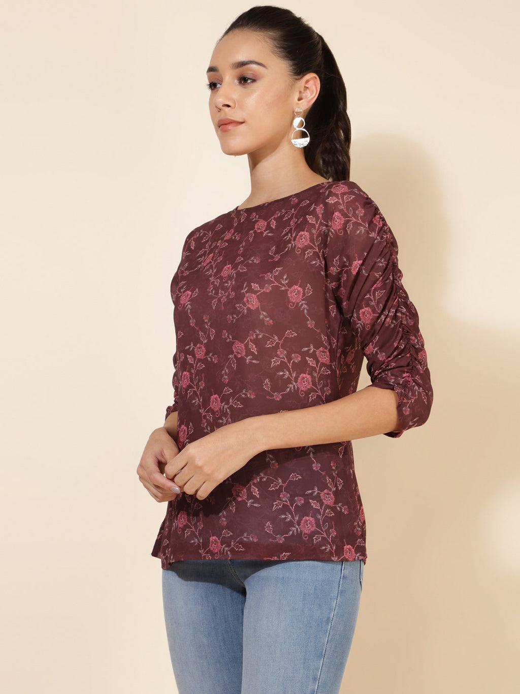 Janasya Women's Brown Georgette Floral Printed Casual Top