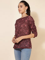 Janasya Women's Brown Georgette Floral Printed Casual Top