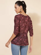 Janasya Women's Brown Georgette Floral Printed Casual Top