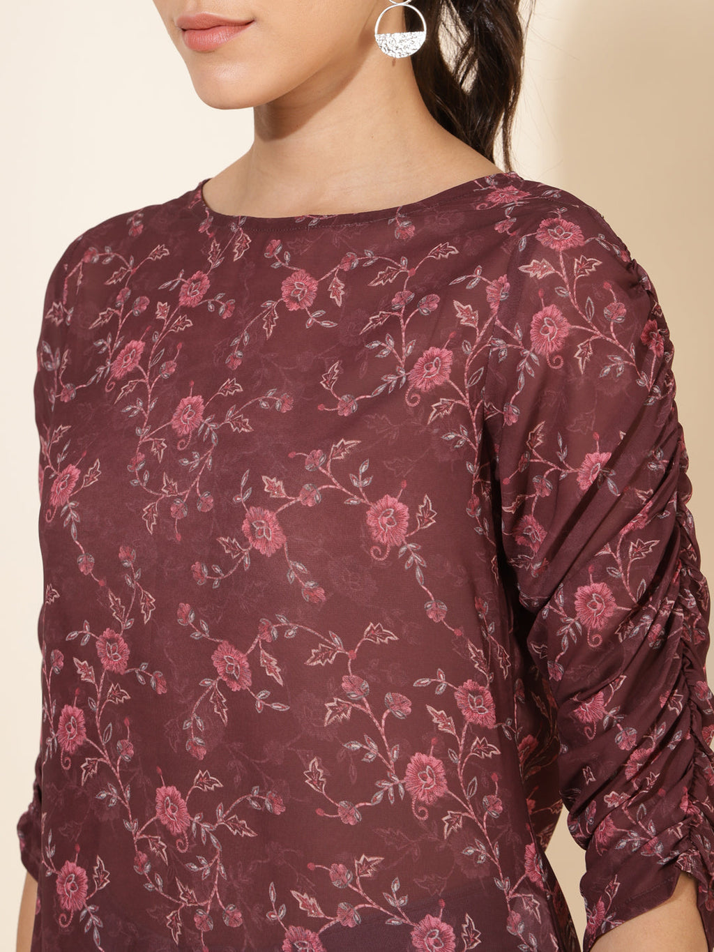 Janasya Women's Brown Georgette Floral Printed Casual Top
