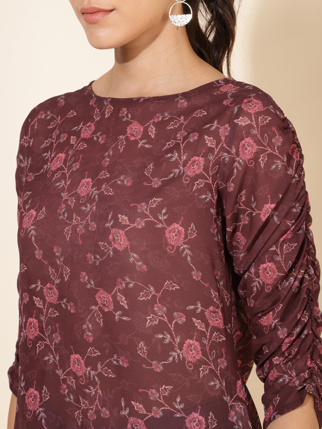 Janasya Women's Brown Georgette Floral Printed Casual Top