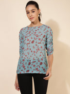 Janasya Women's Mint Green Georgette Floral Printed Casual Top