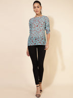 Janasya Women's Mint Green Georgette Floral Printed Casual Top