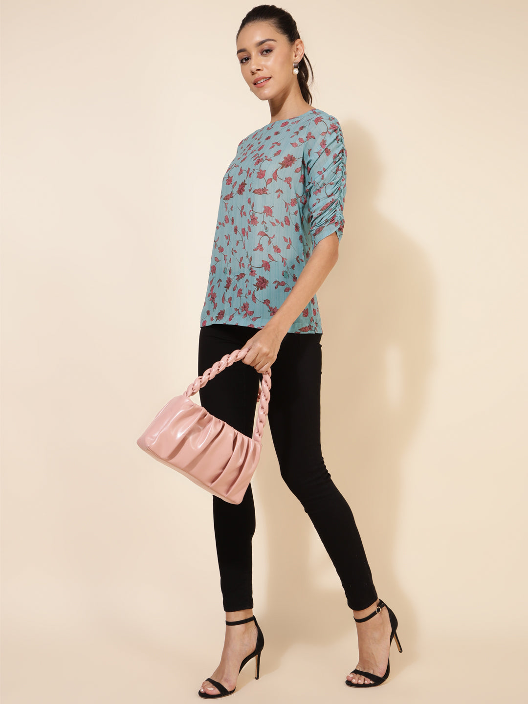Janasya Women's Mint Green Georgette Floral Printed Casual Top