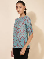 Janasya Women's Mint Green Georgette Floral Printed Casual Top